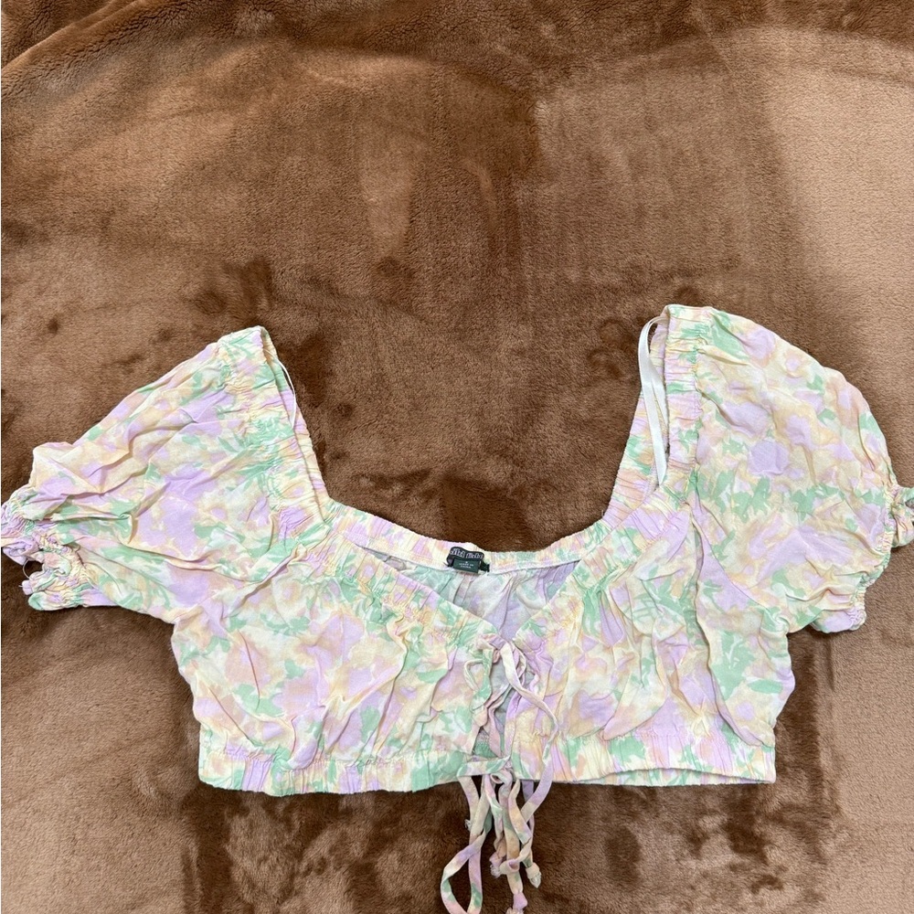 Wild Fable Pink and Green Puff Sleeve Crop Top